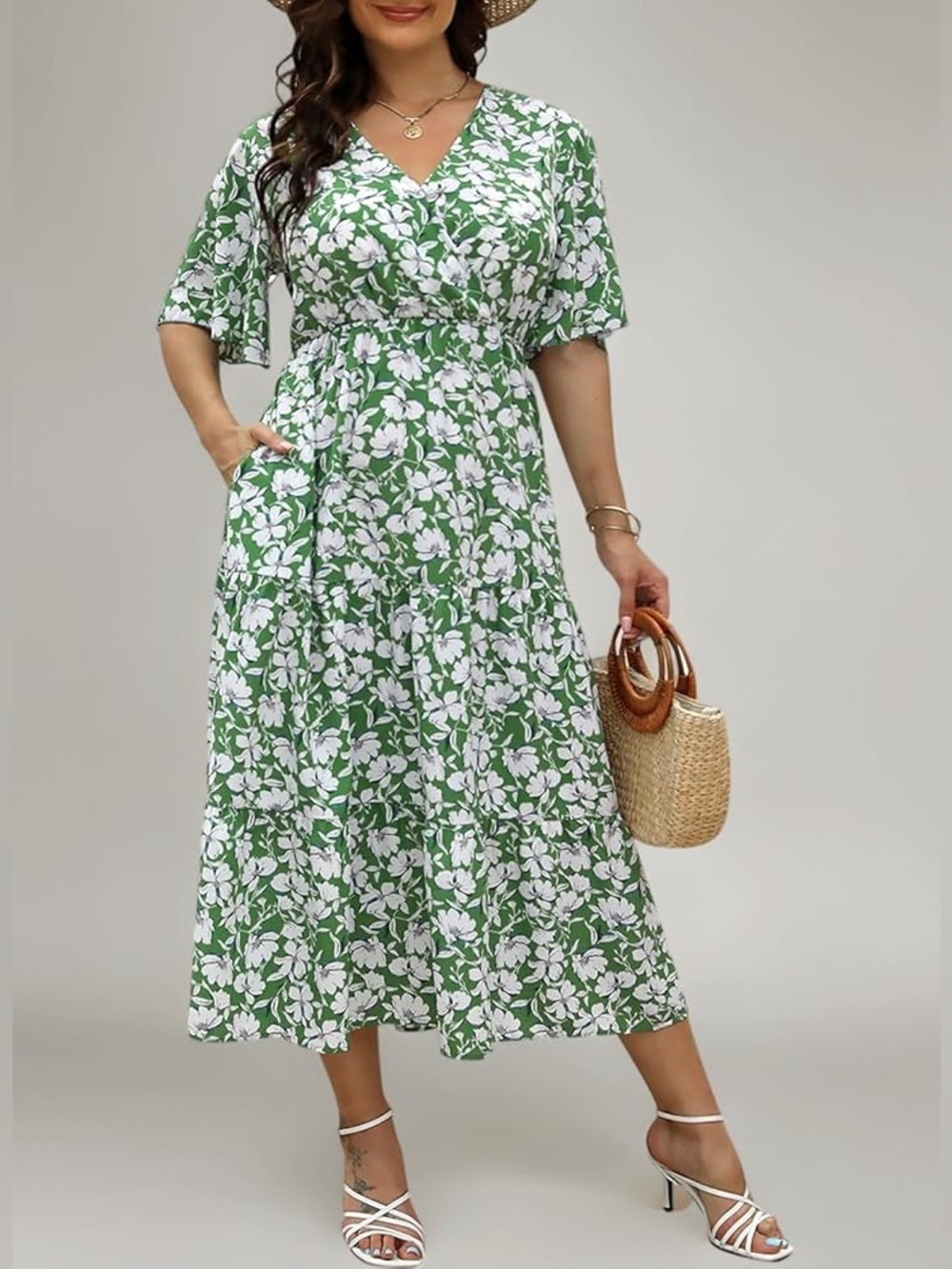 Keluummi Green and White Floral Tiered Summer Dress